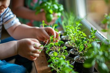 Family planting an indoor herb garden, close-up on small hands placing seeds in pots, home life 