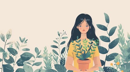 Simple cartoon illustration avatar of young woman holding in hand potted plant flower