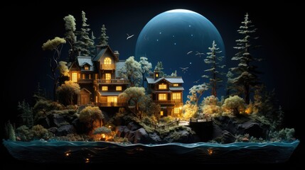 a illustration small miniature house lit up in the darkness in the style of exotic fantasy landscapes