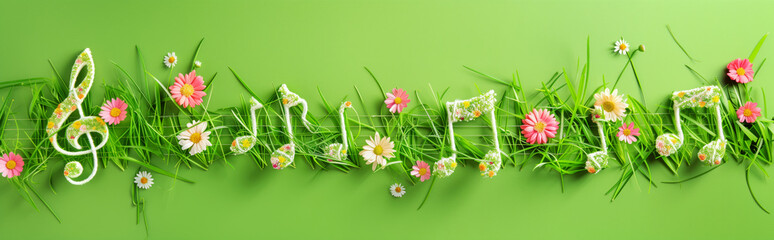 Music Notes Made of Grass and Flowers on Green Background Banner - obrazy, fototapety, plakaty