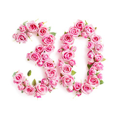 Number 30 Made of Pink Roses Isolated on White Background