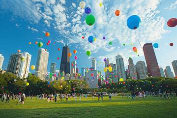 Balloons floating above a city park, bringing joy to people of all ages.