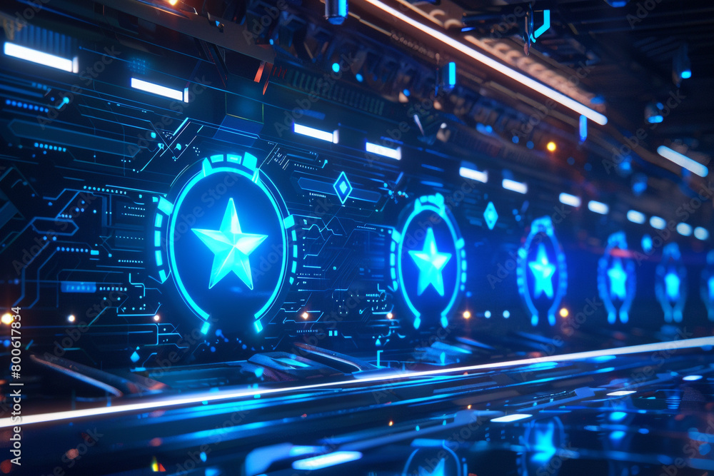 Aufkleber futuristic 5 star digital rating displayed on a virtual reality interface illuminated in neon