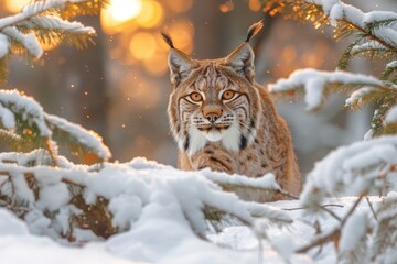 a lynx is running through the snow and looking at the camera