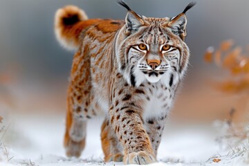 Obraz premium a lynx is running through the snow and looking at the camera