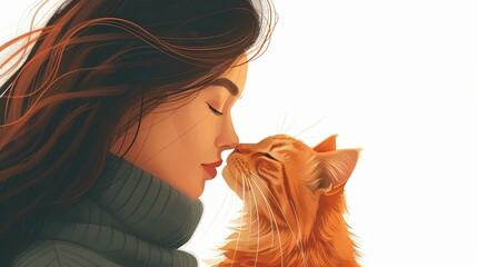 Closeup portrait cartoon illustration of young woman holding red cat in arms cuddling