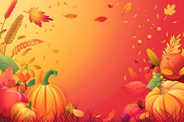 pumpkins and leaves on bright orange background, halloween,  autumn harvest concept, card with copy space