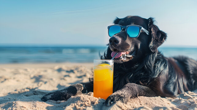 Flat-Coated Retriever Dog Soaking up the Summer Sun, Laying on the Beach with Sunglasses During Vacation