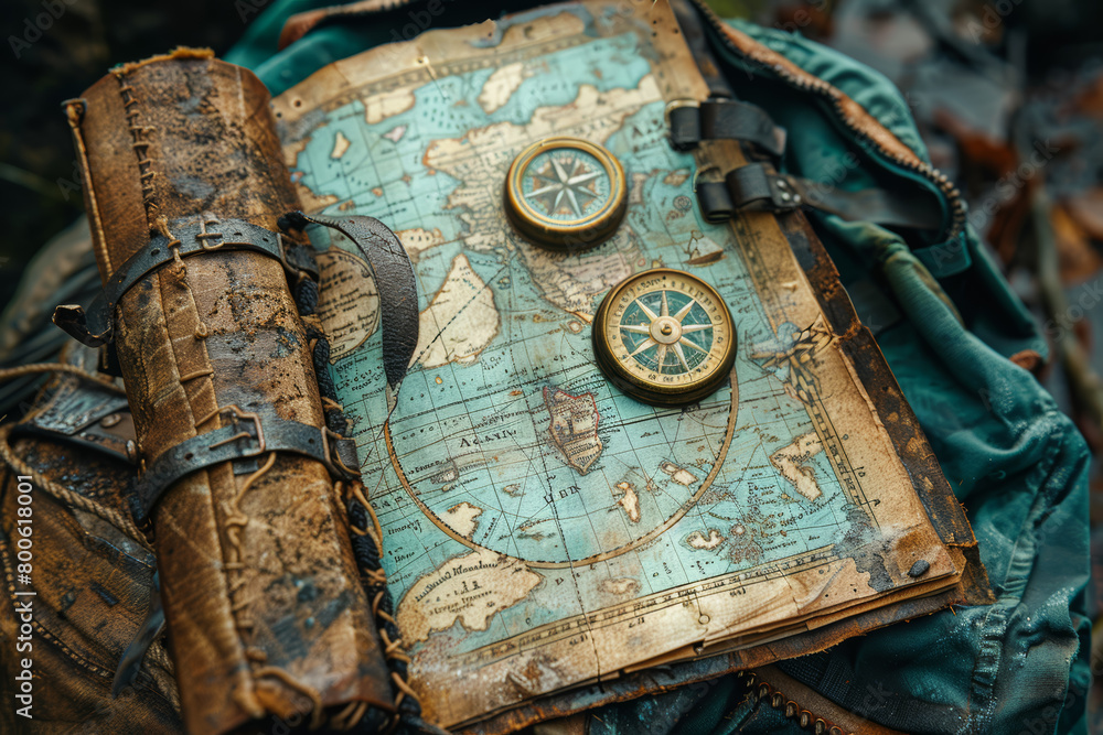 Poster a wanderer's map marked with destinations unknown, where dreams guide the journey into the unknown. 