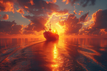 A ship sailing into the sunset, carrying dreams on the tide of endless possibilities. Concept of...