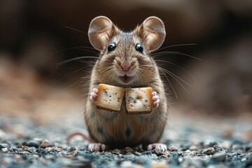 A rodent with whiskers is nibbling on cheese with holes, a small animal food