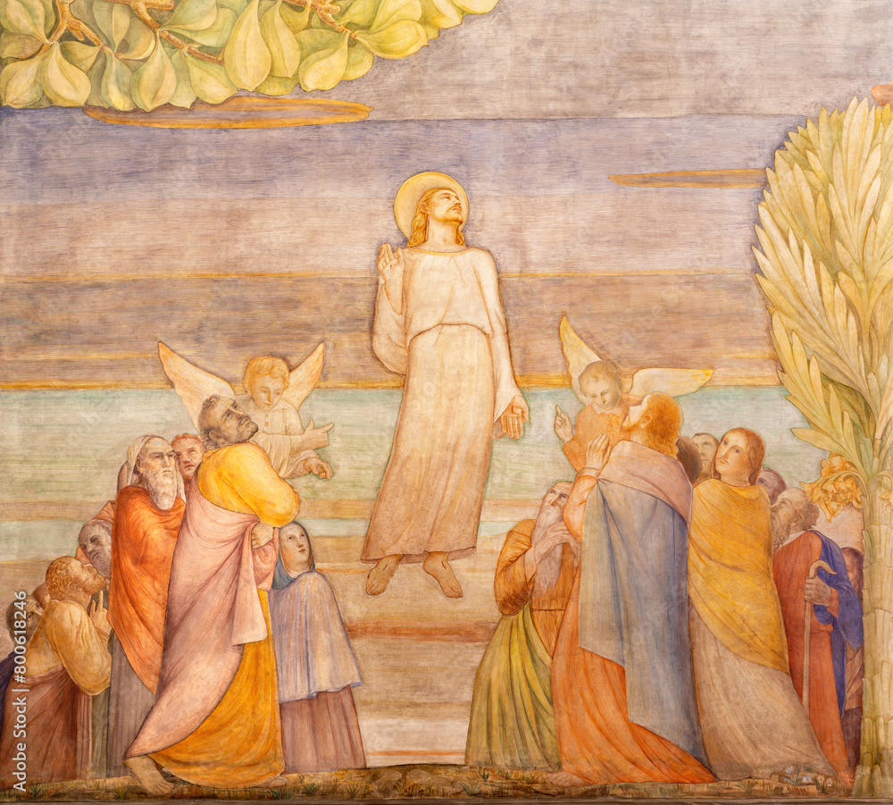 Wall mural MILAN, ITALY - MARCH 6, 2024: The fresco of Ascension of the Lord in the church Chiesa dei santi Nereo e Achileo by Vanni Rossi (1947).