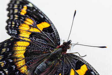A butterfly with black and yellow wings is resting on a white surface