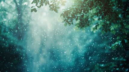 A blurry image of a forest with rain falling on the leaves. Scene is serene and peaceful, as the rain creates a calming atmosphere - Powered by Adobe