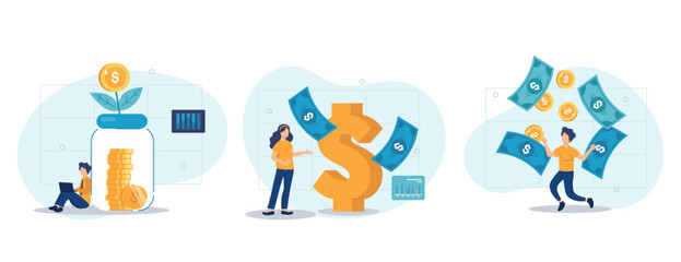 Fototapeta premium Passive income illustration set. Characters enjoying financial freedom and independence. Successfully and free of debts people planning budget. Vector illustration.