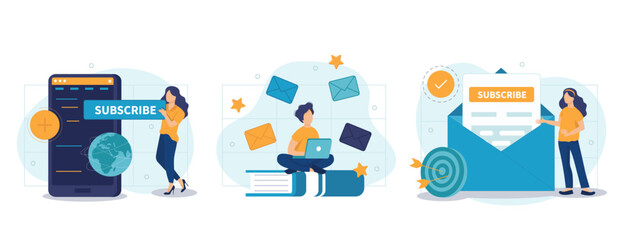 Fototapeta na wymiar E-mail marketing and promotion illustration set. Characters sending advertising mails and promotional offers with sales and discounts. Ecommerce business concept. Vector illustration