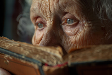 An old woman is reading a book with her eyes closed