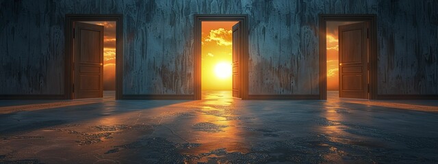 Naklejka premium Experience the transformative path of career growth, symbolized by a series of doors unveiling brighter opportunities at each stage.