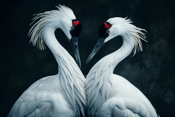 Fototapeta premium Two white birds with red beaks and red eyes are standing close to each other