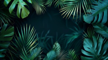 A lush green background with leaves of various sizes. The leaves are all green and appear to be in a jungle setting