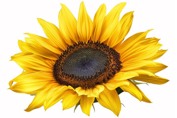 A close up of a yellow sunflower with a white background