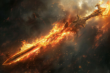 Infernal sword engulfed in hellfire, its ominous presence casting a dark shadow on the white void.