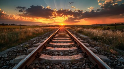 Majestic sunset over railroad tracks in countryside landscape