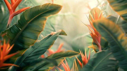A lush green forest with a few orange flowers in the foreground. The image has a serene and peaceful mood, with the bright colors of the flowers adding a pop of color to the scene