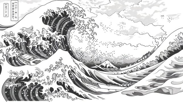 Japanese ukiyo-e art of the great wave off kanagawa by hokusai as an coloring page
