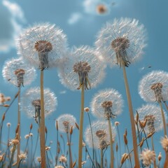 Capturing the essence of growth and ideas through dandelion seeds in the wind, ideal for environmental advocacy and education.