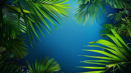 A close up of a leafy green forest with a blue sky in the background. Concept of tranquility and serenity, as the lush green leaves and clear blue sky create a peaceful and calming atmosphere