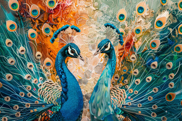 Two peacocks are standing next to each other, with their heads touching
