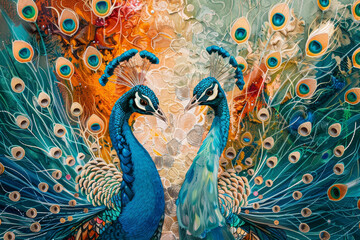 Fototapeta premium Two peacocks are standing next to each other, with their heads touching