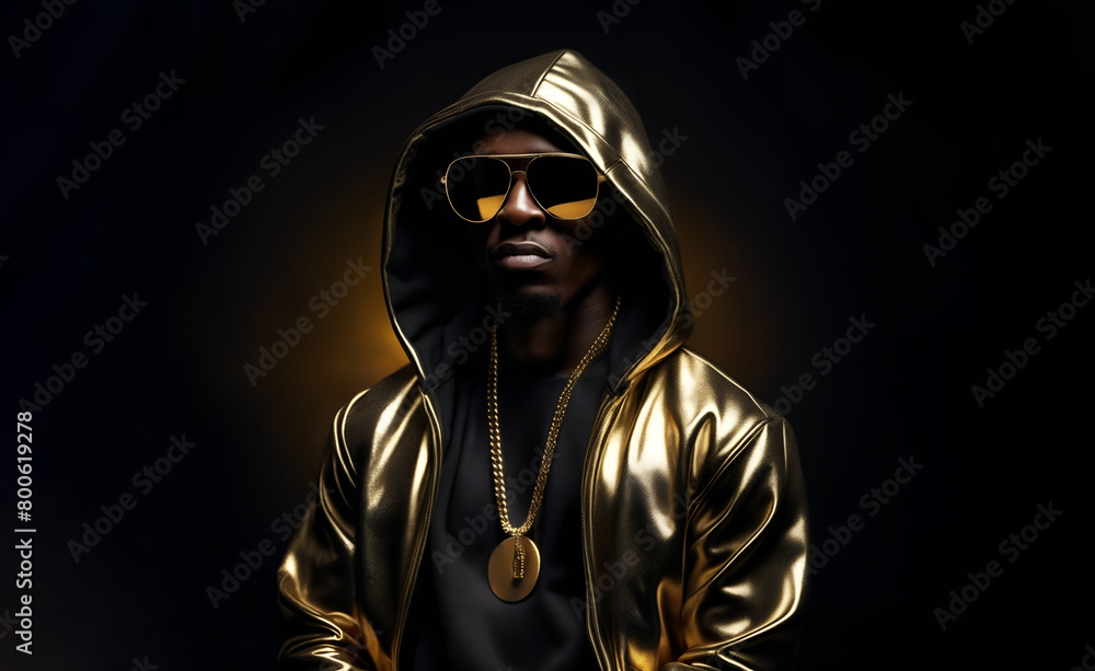 Sticker Rapper wearing a golden jacket with hoodie and sunglusses. Portrait of a hip hop artist