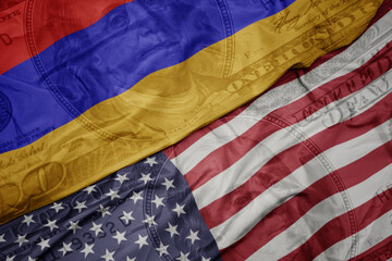 Obraz premium waving colorful flag of united states of america and national flag of armenia on the dollar money background. finance concept.