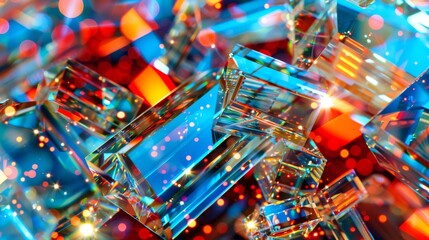 Abstract vibrant crystals with colorful bokeh effect in blue and red hues