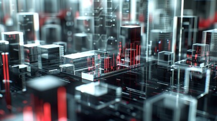 Futuristic cityscape with red data streams and 3D buildings in digital visualization