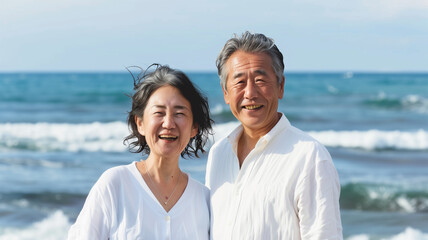 ビーチで微笑む日本人のシニア夫婦