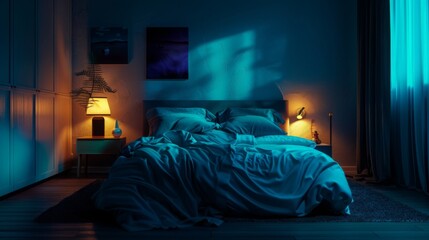 Peaceful Bedroom at Night With Soft Blue Lighting