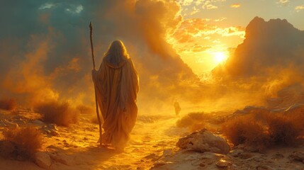 Prophet Moses is seen walking through the desert with a staff in hand.