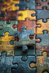 Capture the essence of success with a close-up of a jigsaw puzzle, the final piece ready to complete the goal, ideal for team building exercises.