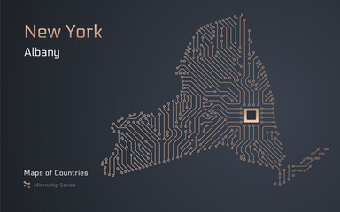 New York State Map with a capital of Albany Shown in a Microchip Pattern with processor. E-government. World Countries vector maps.	