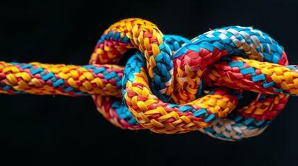 Close-up colorful braided rope knot on black background