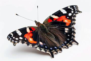 A butterfly with red and black wings is sitting on a white surface
