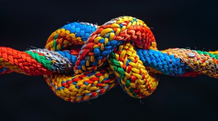 Vibrant multicolored ropes tied in a tight knot against a dark background