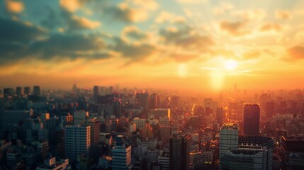 A city skyline with a bright orange sun in the sky. The sun is setting and the sky is filled with clouds. The city is bustling with activity and the sun is shining brightly