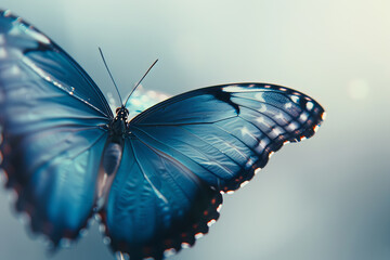A blue butterfly is flying in the air