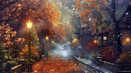 Obraz premium A street scene with a lamp post and a house with a chimney. The street is covered in leaves and snow