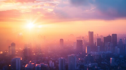Fototapeta premium A city skyline with a beautiful sunset in the background. The sky is filled with clouds and the sun is setting, creating a warm and peaceful atmosphere