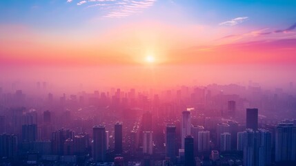 Fototapeta premium A city skyline with a beautiful sunset in the background. The sky is filled with clouds and the sun is setting, creating a warm and peaceful atmosphere